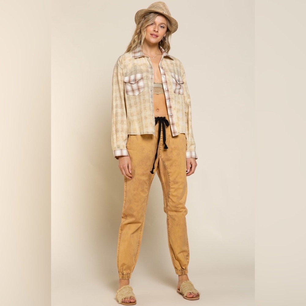 POL Bonfire Plaid Snap Buttondown Shirt Beige Brown Country Layering New Medium - Picture 5 of 11